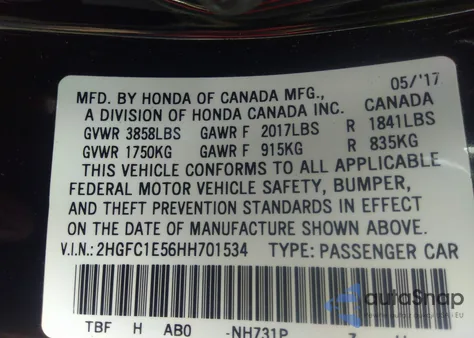 2017 Honda Civic Si z USA, uszkodzony, nr VIN 2HGFC1E56HH701534